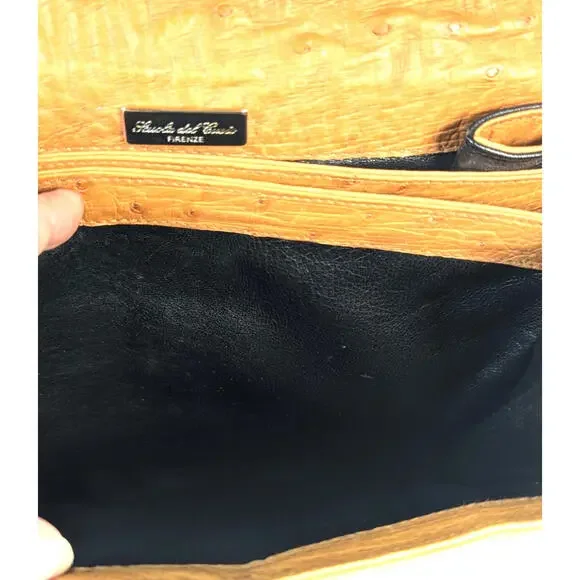 Scuola Del Cuoio Ostrich Leather Caramel Brown Flap Handbag Purse Firenze Italy - Picture 9 of 16